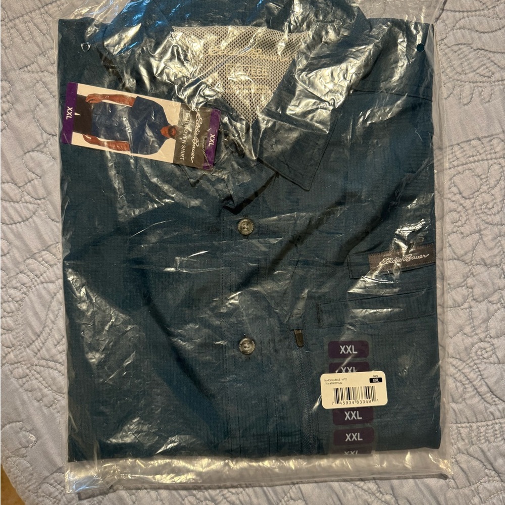 Eddie Bauer Men’s Short Sleeve Button Up Shirt Teal Performance Fishing Hiking